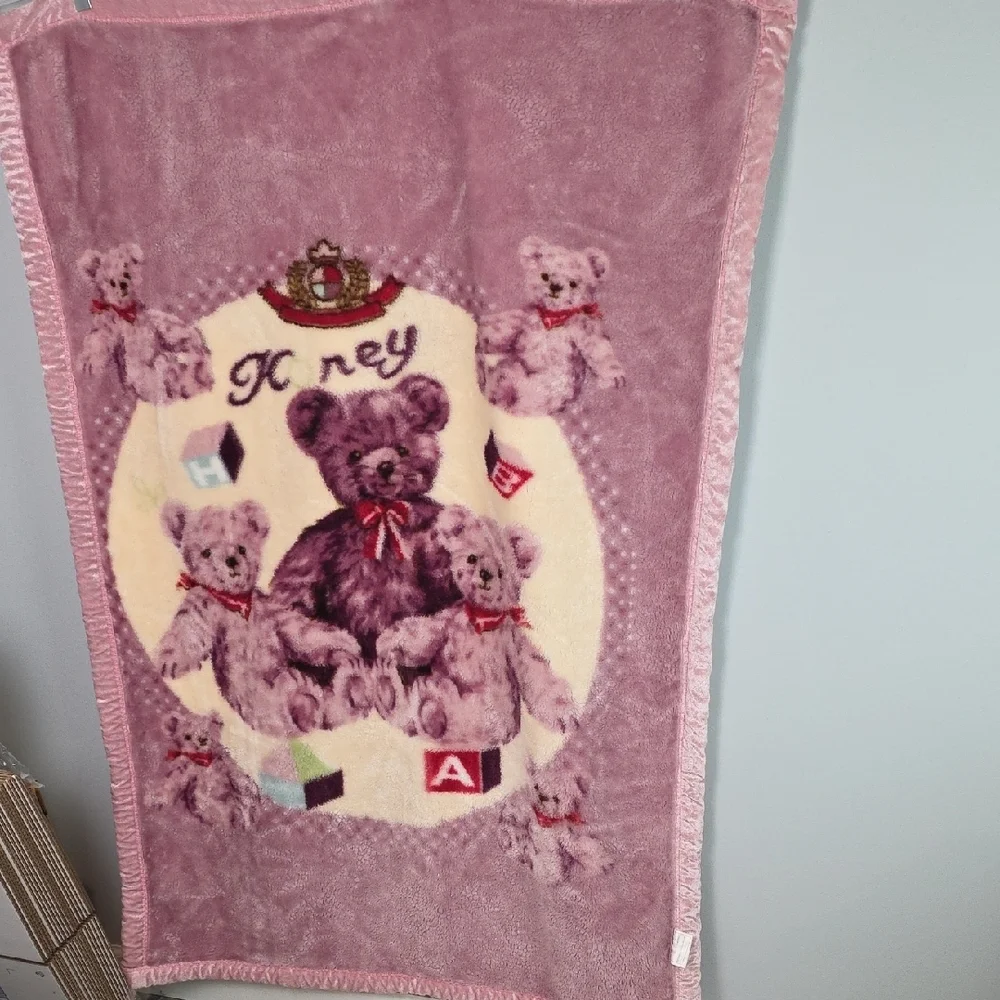 Vintage Plush Soft Reversible Pink Teddy Bear Blanket Nursery Baby Girl KY